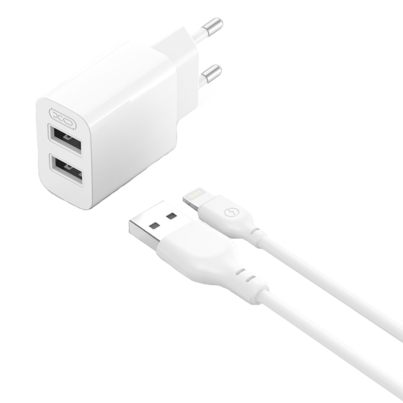 Мережевий зарядний пристрій XO L109 2×USB-A + кабель Lightning Білий