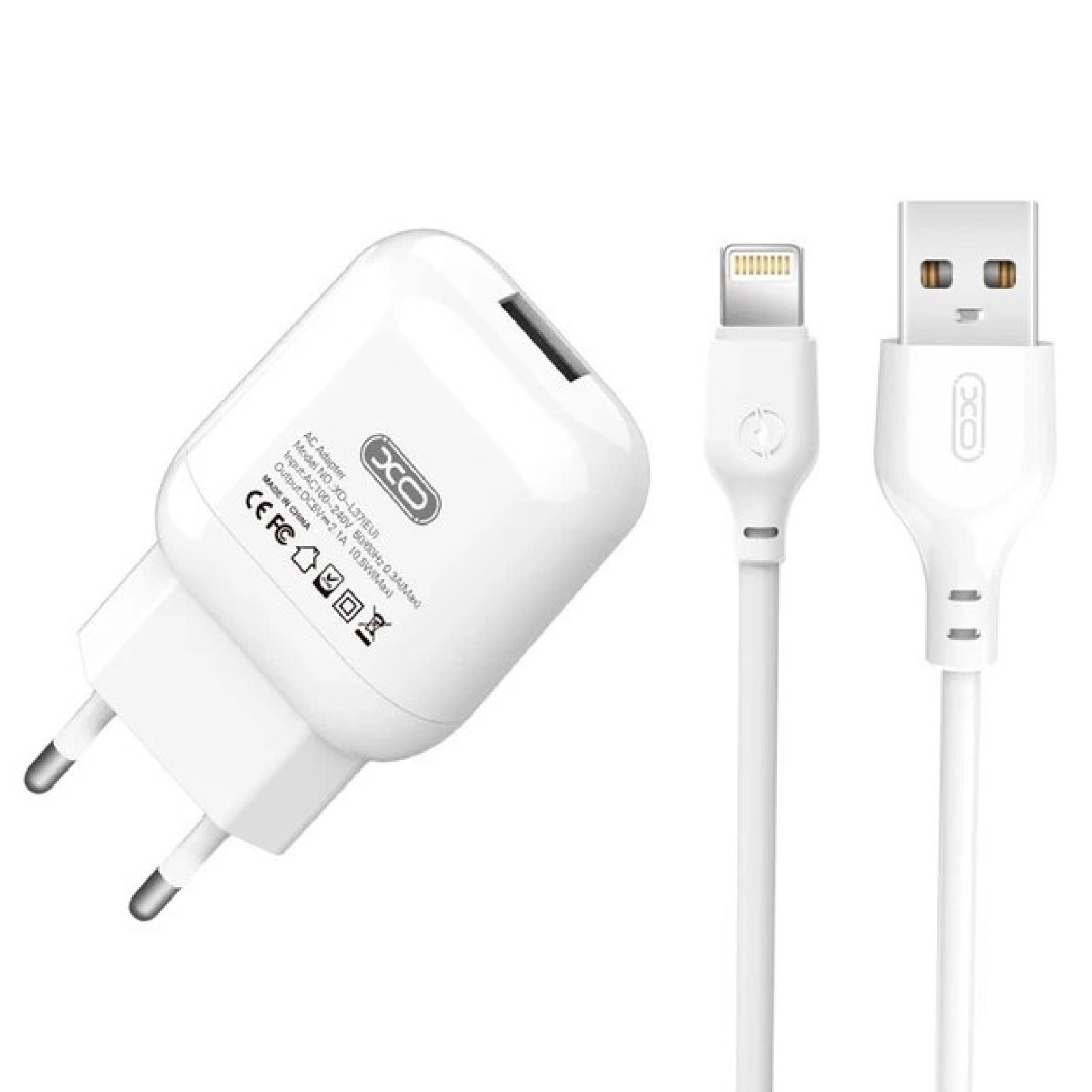 Мережевий зарядний пристрій XO L37 USB-A + кабель Lightning Білий