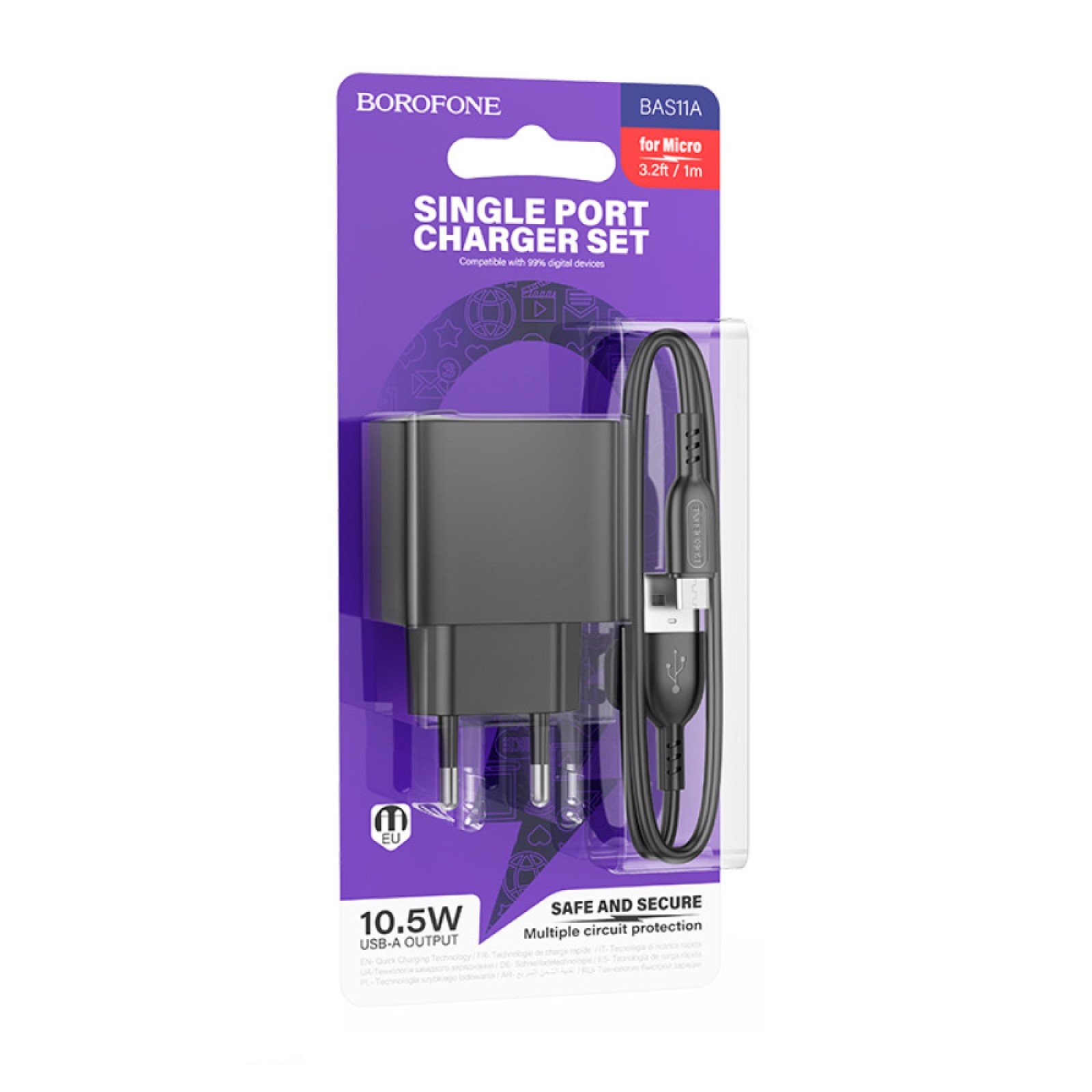 Мережевий зарядний пристрій BOROFONE BAS11A Erudite USB-A + кабель Micro-USB Чорний