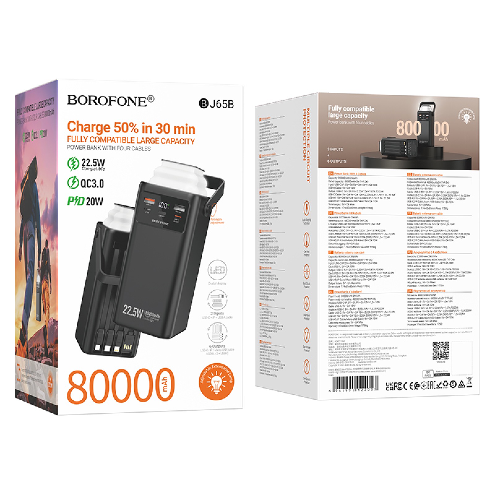 Павербанк BOROFONE BJ65B High + +four-cables 80000mAh 22.5 W чорна