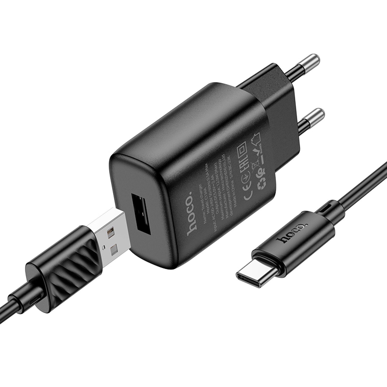 Мережевий зарядний пристрій Hoco C134A Solid 2×USB-A + кабель Type-C Чорний