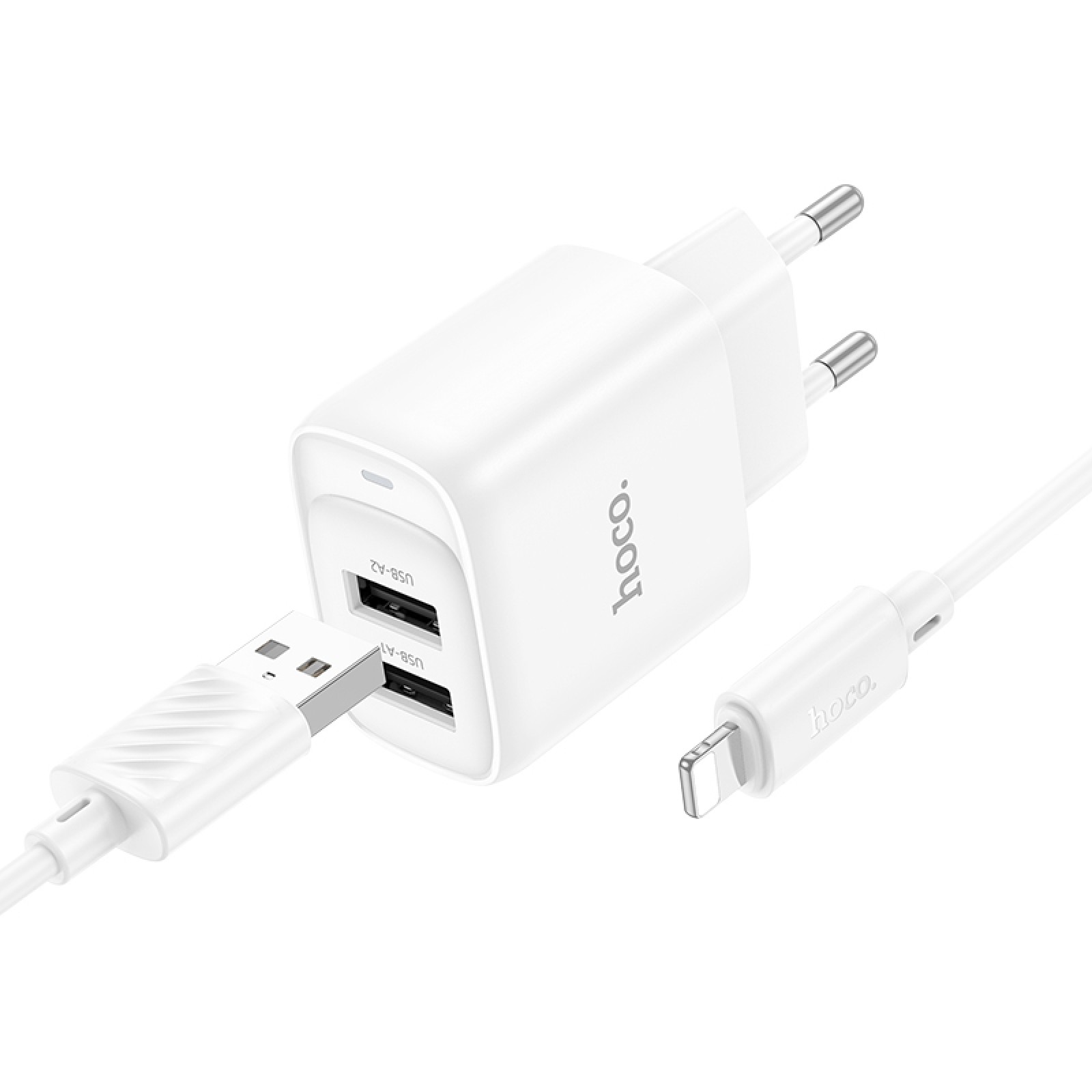 Мережевий зарядний пристрій Hoco C141A Smart 2×USB-A + кабель Lightning Білий
