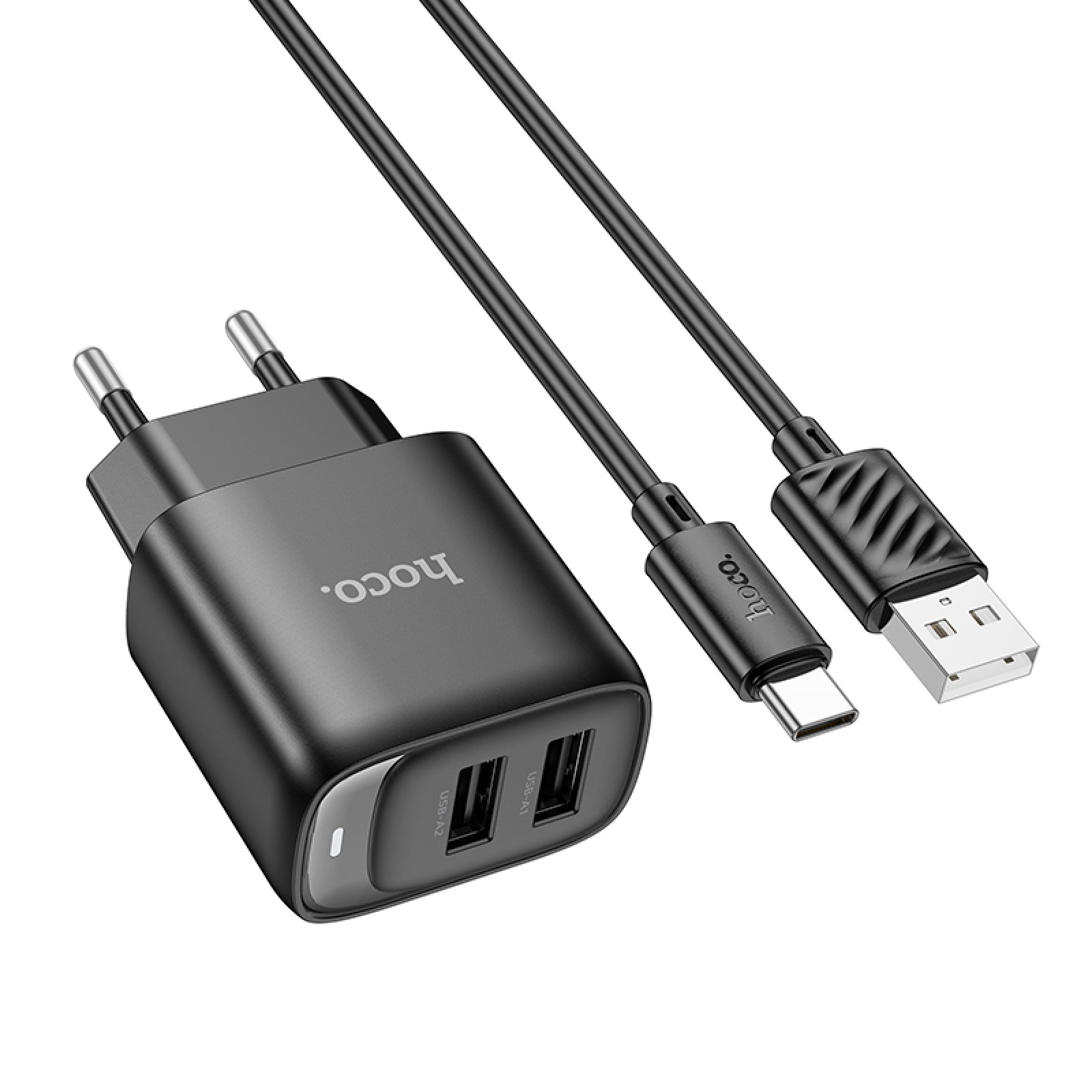 Мережевий зарядний пристрій Hoco C141A Smart 2×USB-A + кабель Type-C Чорний