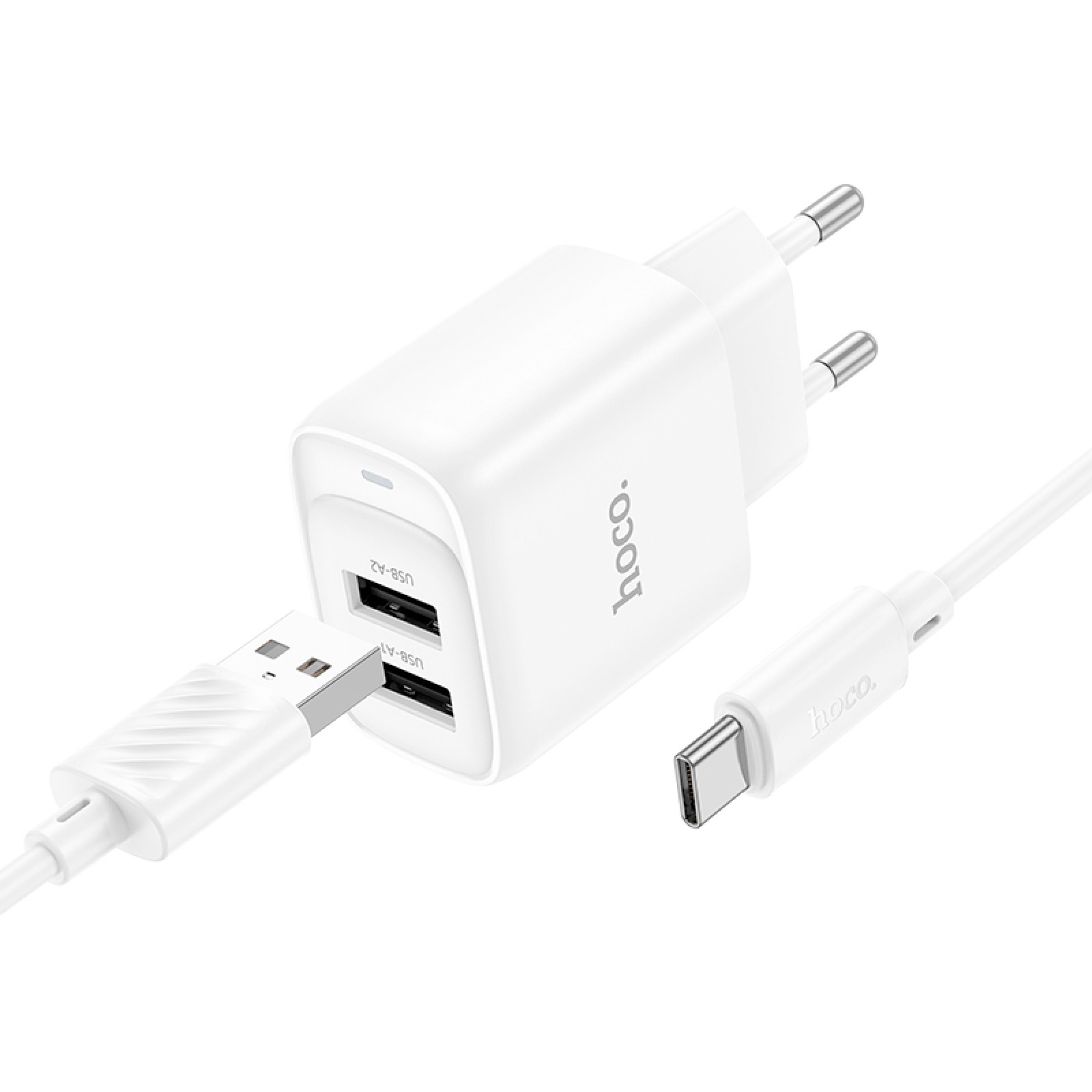 Мережевий зарядний пристрій Hoco C141A Smart 2×USB-A + кабель Type-C Білий