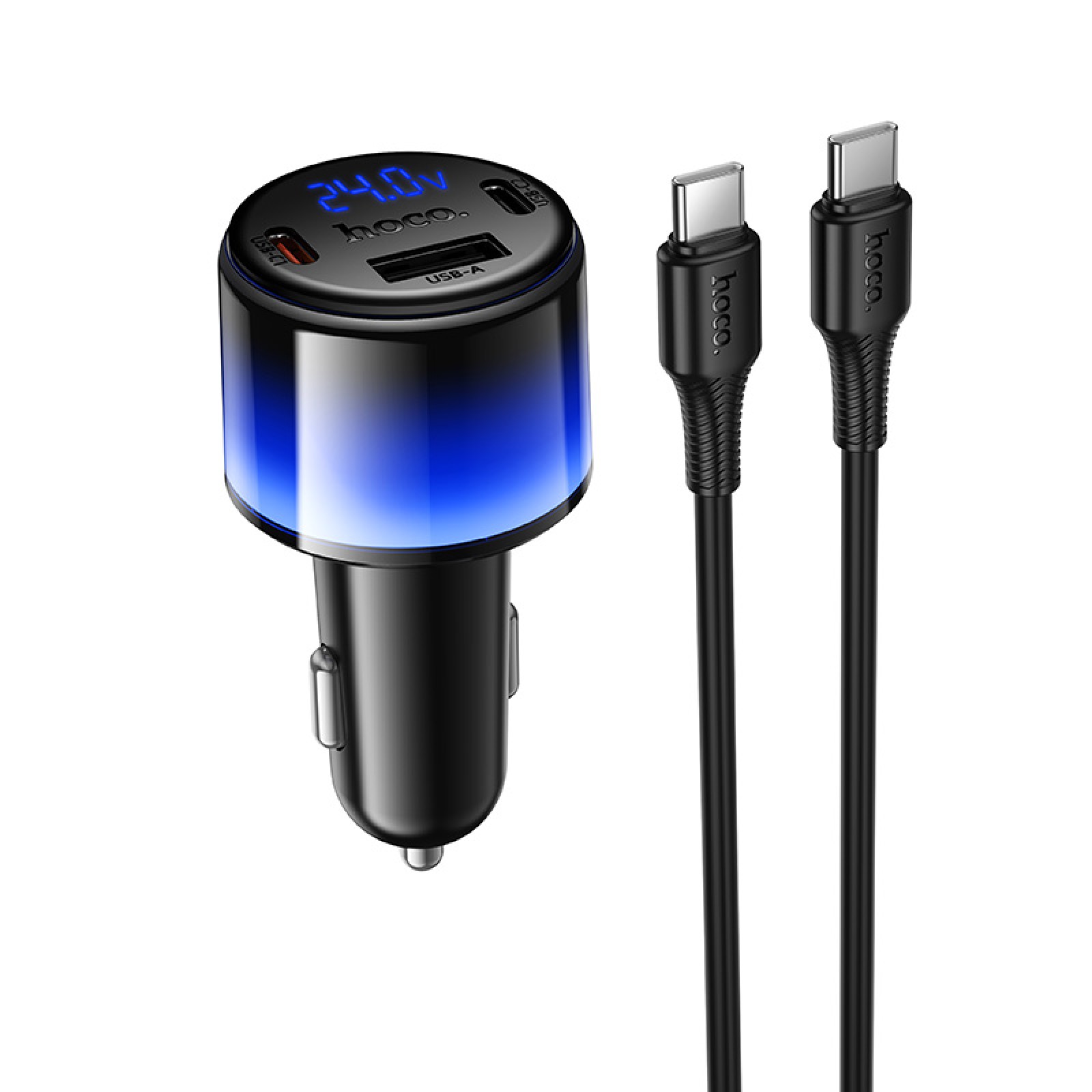 Автомобільна зарядка HOCO Z69B Vivido PD 57 Вт з дисплеєм 2 USB-C + 1 USB-A два гнізда прикурювача кабель C–C Чорна
