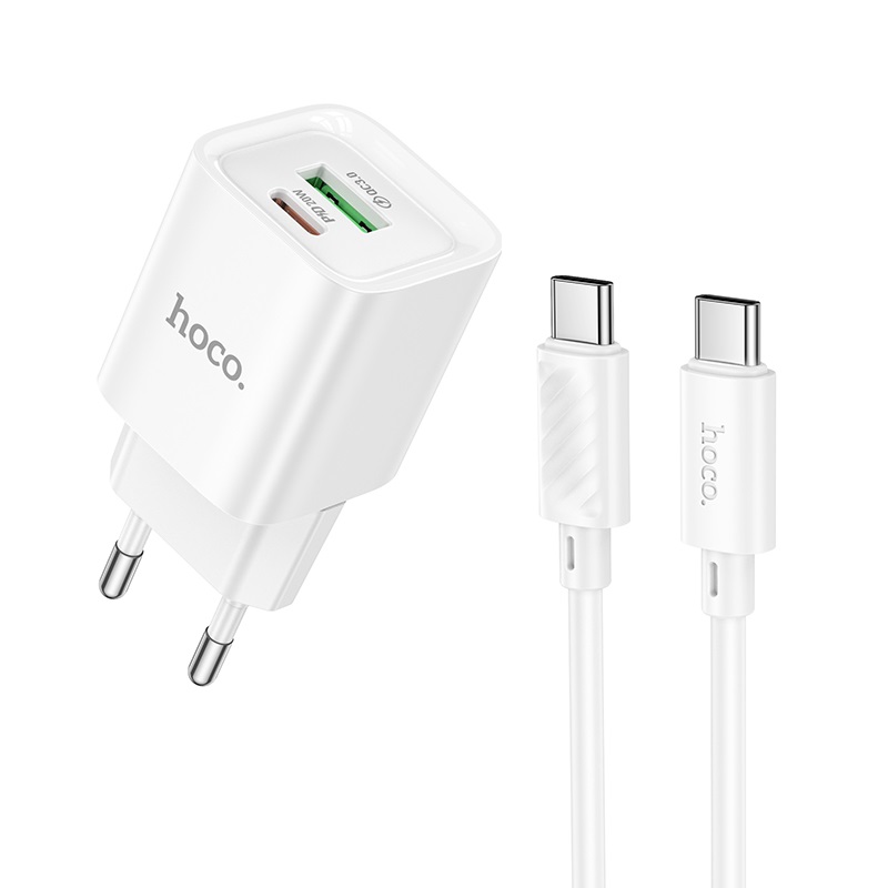 Мережевий зарядний пристрій з кабелем HOCO C147A Charm + charger set (C to C)(EU) 20 W Білий