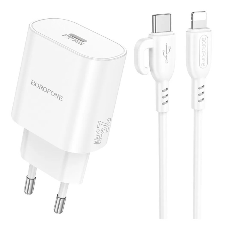 Мережевий зарядний пристрій з кабелем BOROFONE BA82A Platinum single port charger set (C to iP) (EU) 25 W Білий