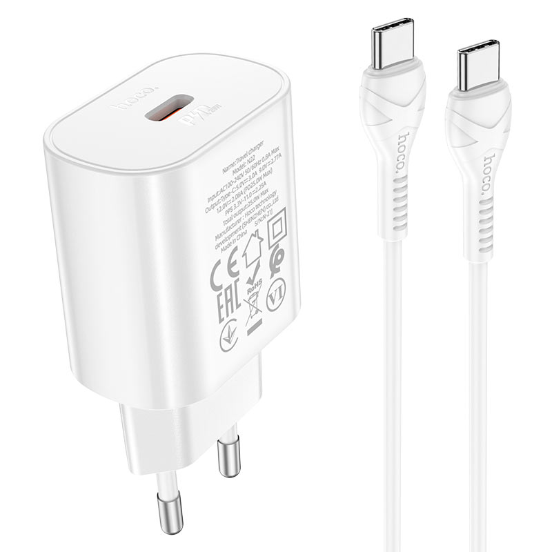 Мережевий зарядний пристрій з кабелем HOCO N22 Jetta charger set(Type-C to Type-C)(EU) 25 W Білий