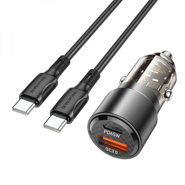 Автомобільний зарядний пристрій BOROFONE BZ20A Smart dual port + car charger set(C to C) Transparent 83 W Чорний
