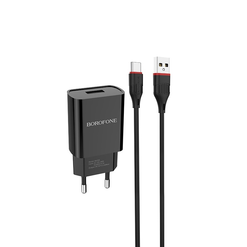 Мережевий зарядний пристрій з кабелем BOROFONE BA20A Sharp single port charger set(Type-C) 10.5 W Чорний