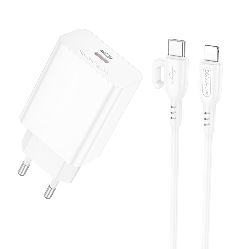 Мережевий зарядний пристрій з кабелем BOROFONE BA21A Pro Long journey single port charger set(C to iP) 20 W Білий