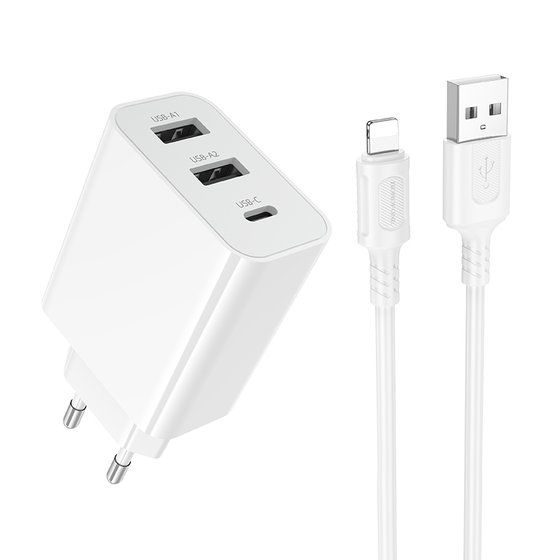 Мережевий зарядний пристрій з кабелем BOROFONE BA105A Stellar three-port charger set (iP) (EU) Білий