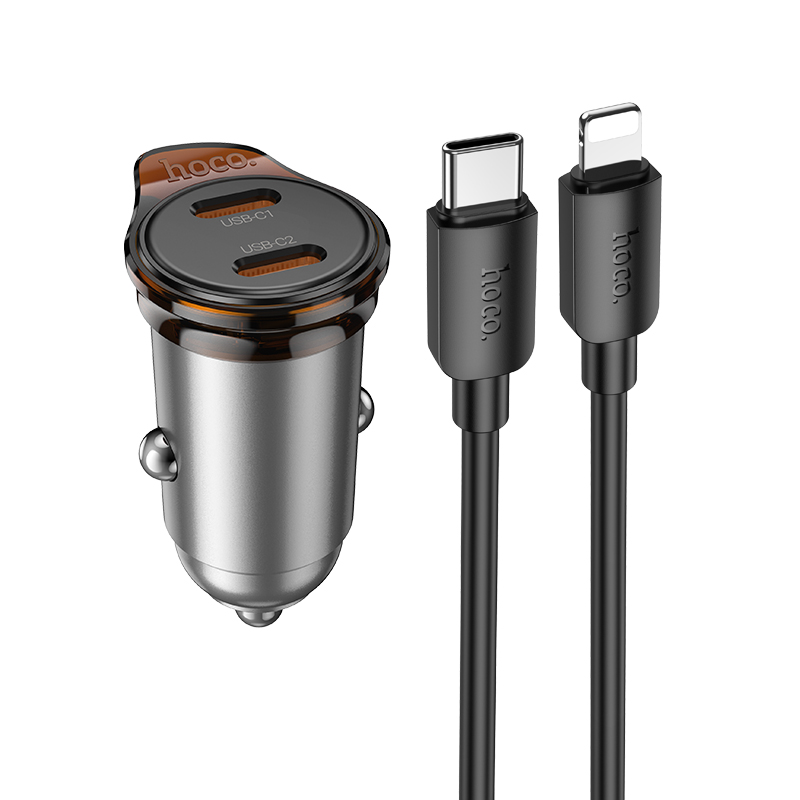 Автомобільний зарядний пристрій HOCO NZ16 Rigorous single port car charger set(C to iP) Metal 30 W Сірий
