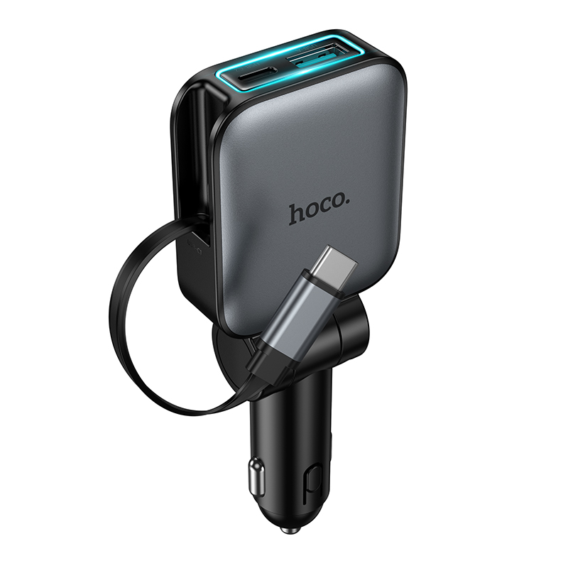 Автомобільний зарядний пристрій HOCO Z67 Triunfar (1C1A)+Type-C car charger with telescopic cable Metal 60 W Сірий