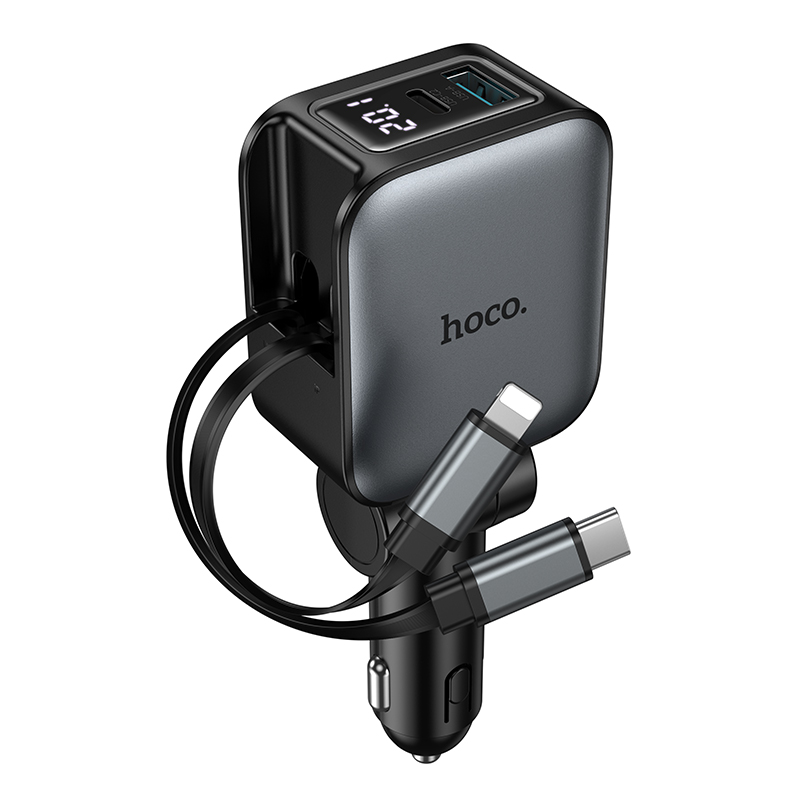 Автомобільний зарядний пристрій HOCO Z67A Triunfar (1C1A)+Type-C/iP car charger with dual telescopic cable and digital display dark Metal 60 W Сірий