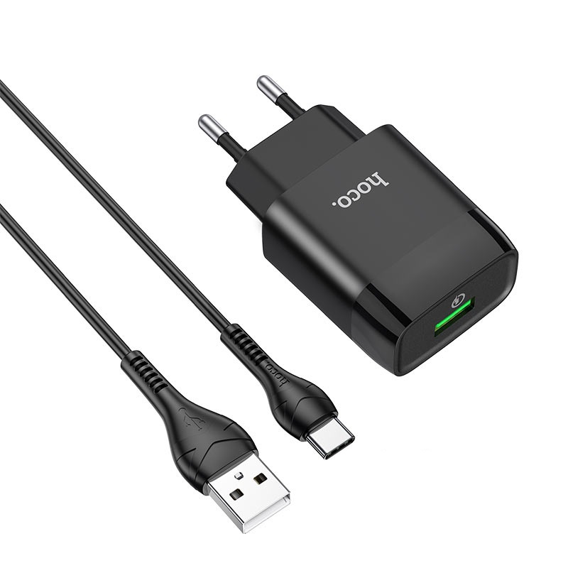 Мережевий зарядний пристрій з кабелем HOCO C72Q Glorious single port charger set(Type-C) 18 W Чорний