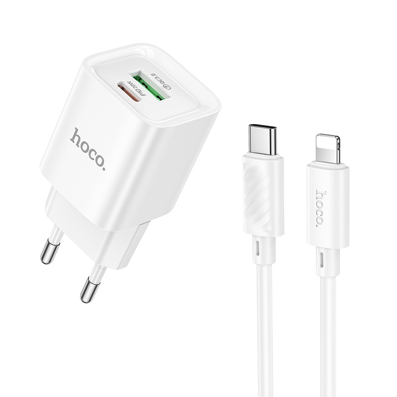 Мережевий зарядний пристрій з кабелем HOCO C147A Charm + charger set (C to iP)(EU) 20 W Білий