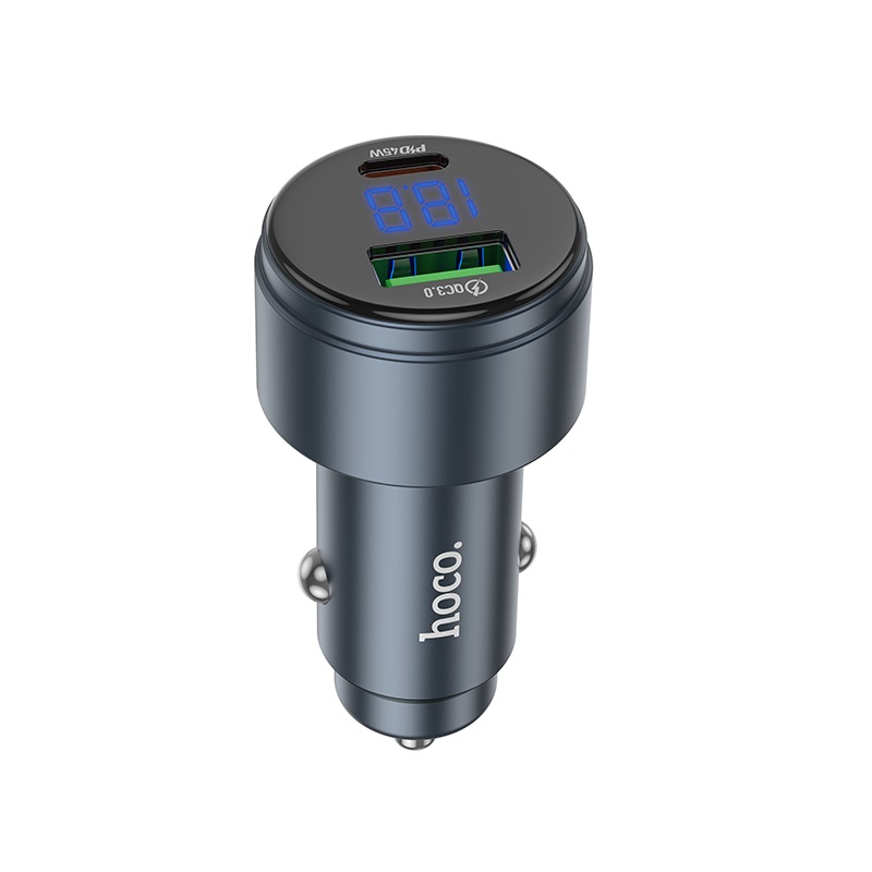 Автомобільний зарядний пристрій HOCO Z57B Glorious dual-port digital display + car charger Metal 63 W Сірий