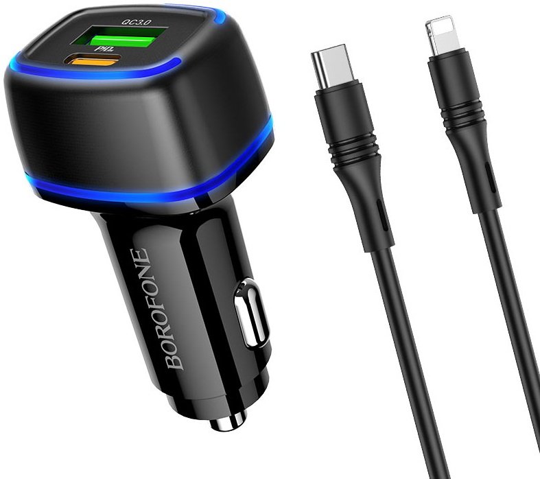 Автомобільний зарядний пристрій Borofone BZ14A Mercury + (1USB-A/1C) з кабелем Type-C to Lightning 20 W Чорний (BZ14ACLB)
