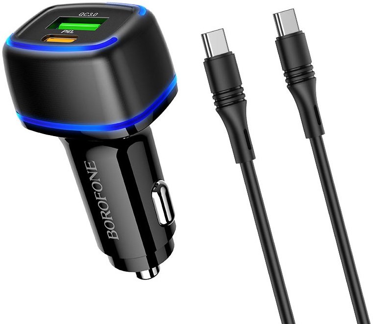 Автомобільний зарядний пристрій Borofone BZ14A Mercury + (1USB-A/1C) з кабелем Type-C to Type-C 20 W Чорний (BZ14ACCB)
