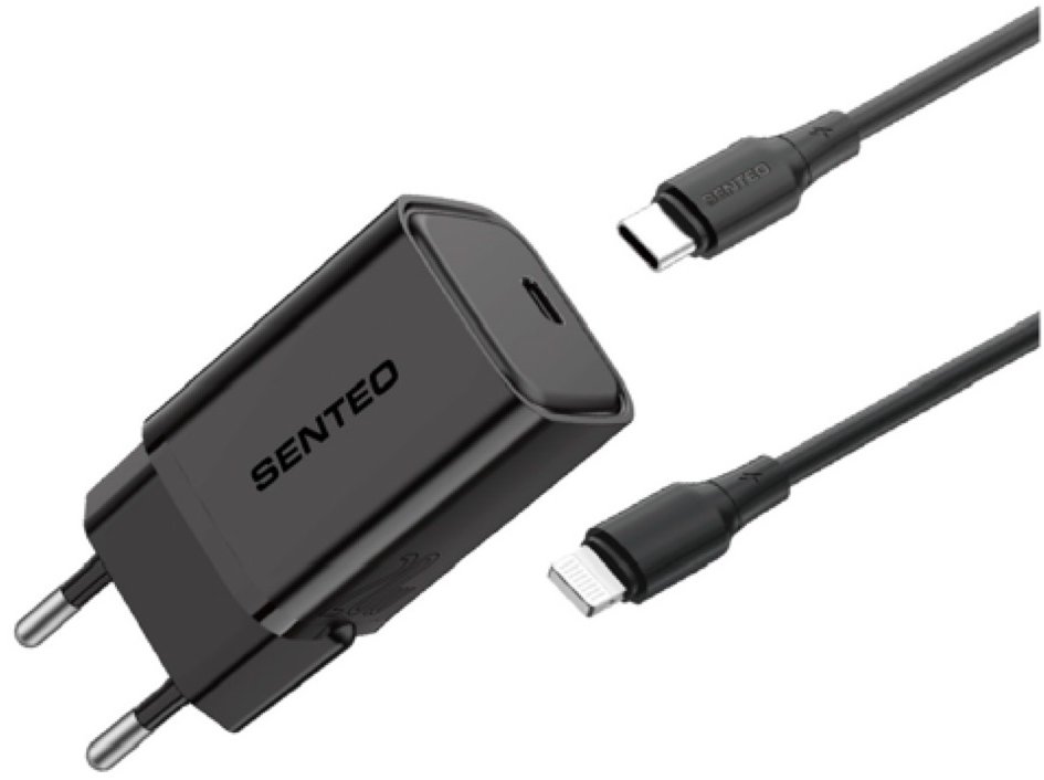 Мережевий зарядний пристрій Senteo S-06L з кабелем Lightning to Type-C 20 W Чорний