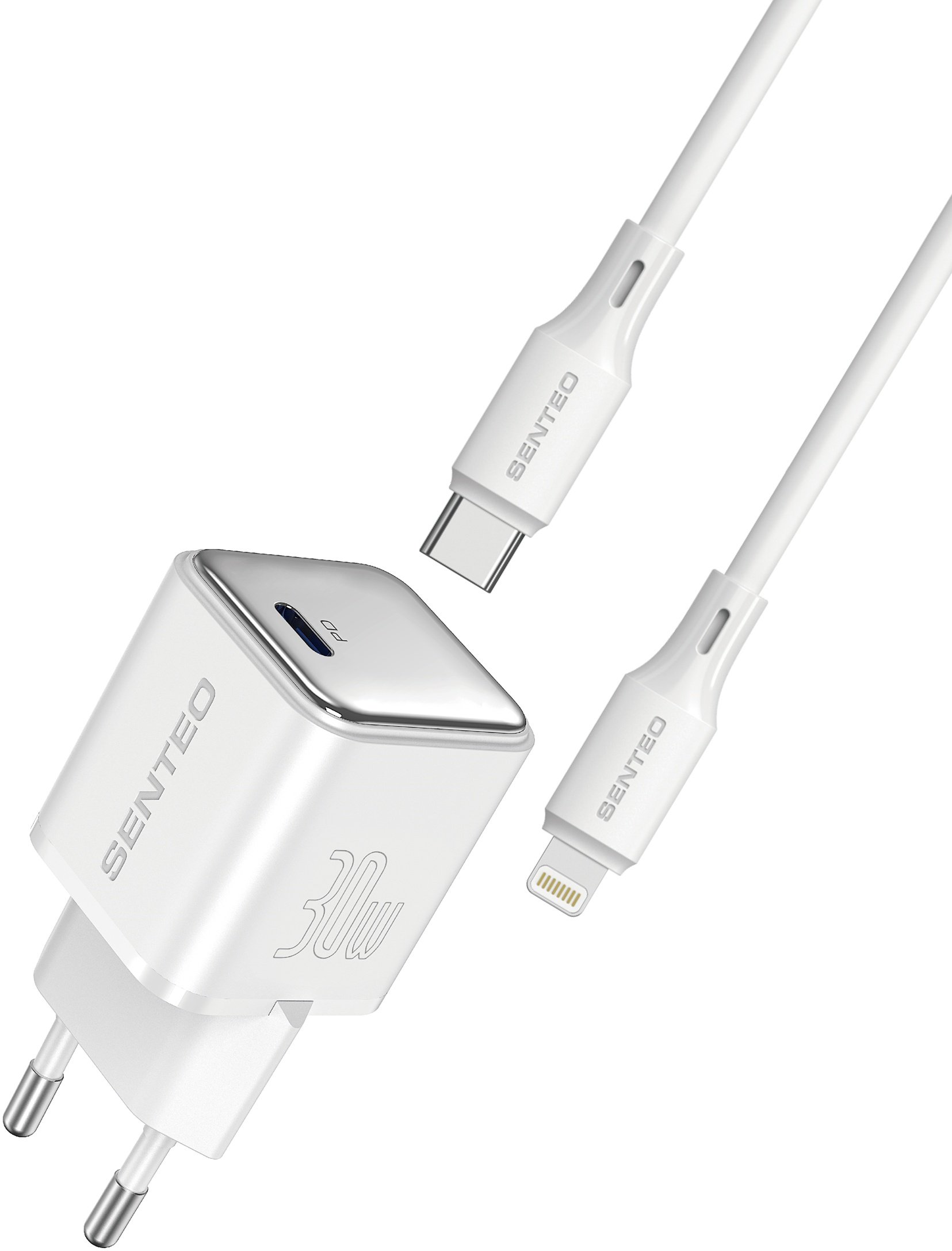 Мережевий зарядний пристрій Senteo N-3L GaN з кабелем Lightning to Type-C 30 W Білий