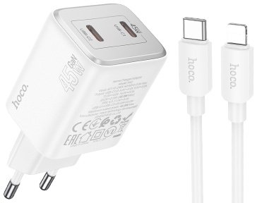 Мережевий зарядний пристрій Hoco N42 Elogiado з кабелем Lightning to Type-C 45 W Білий