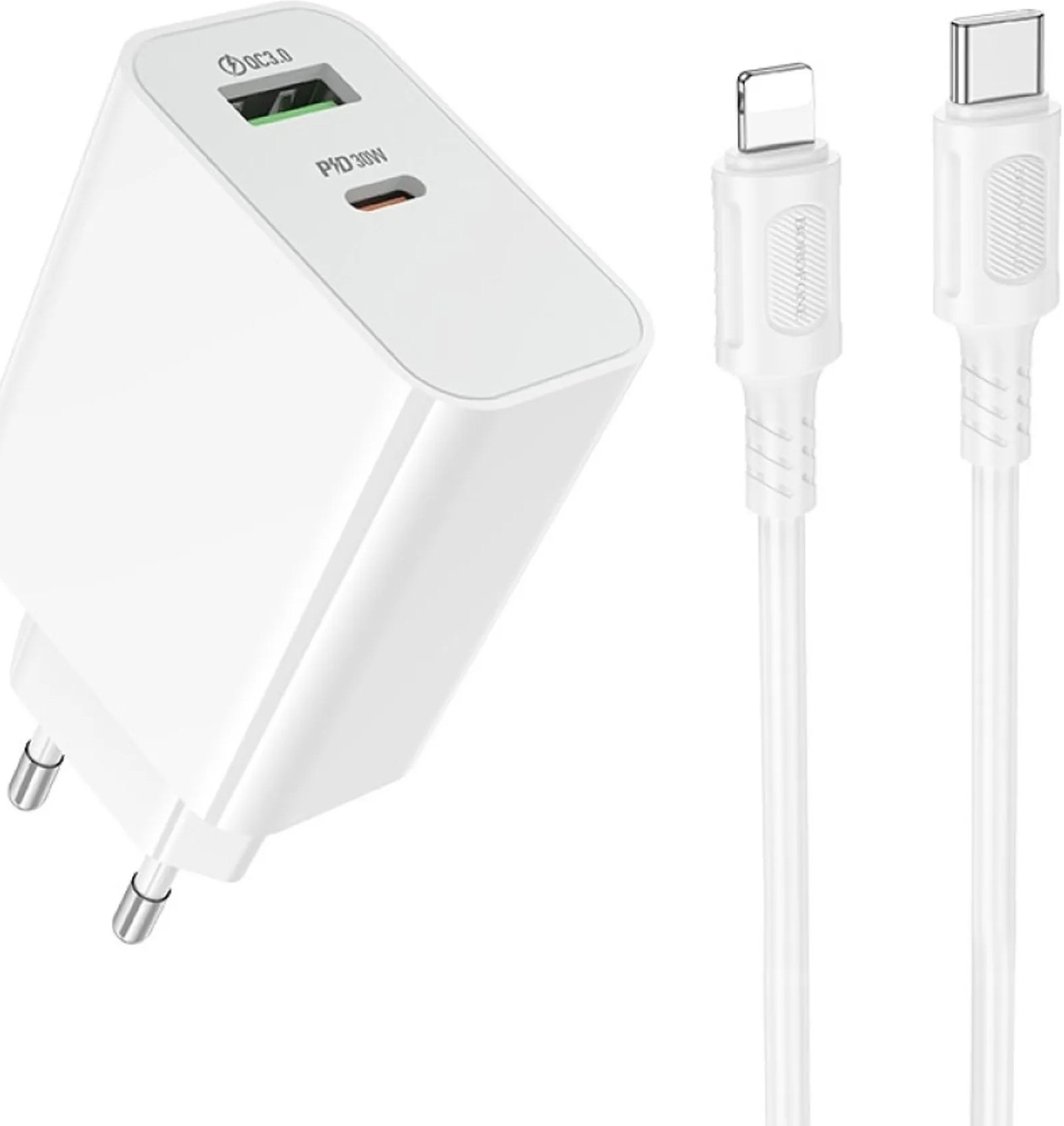 Мережевий зарядний пристрій Borofone BA108A Stellar USB-A/USB-C PD з кабелем Type-C to Lightning 30 W Білий